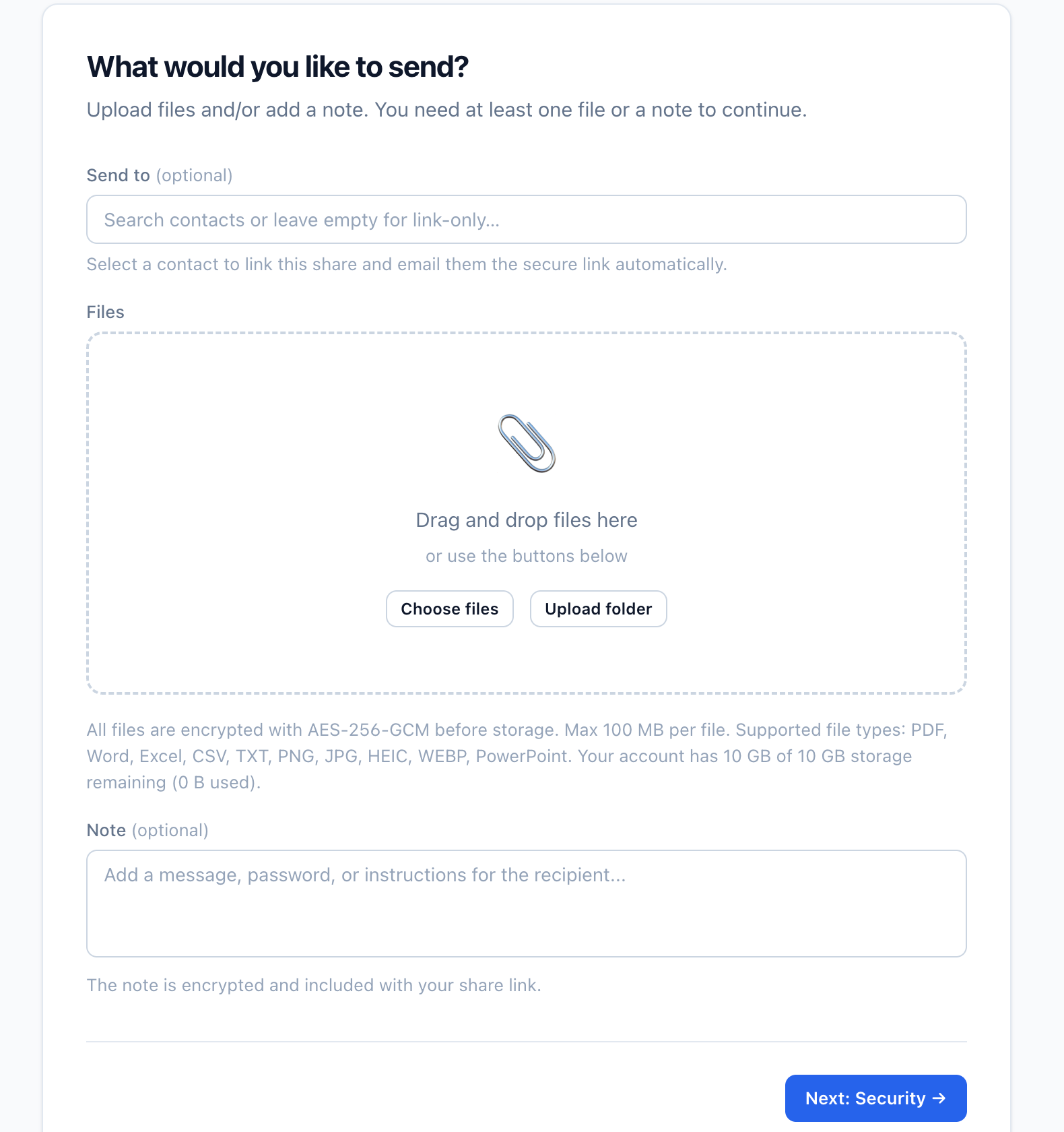 Vukorix Secure Share screen for choosing a file and adding a note before creating the share