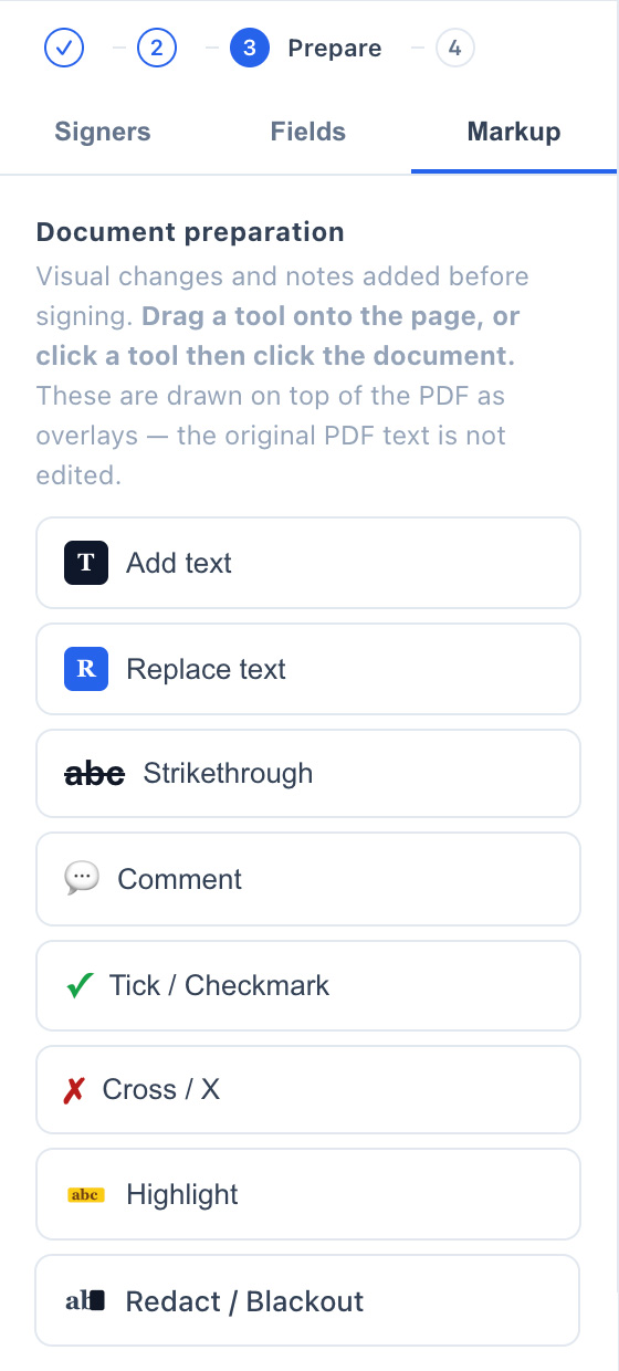 Vukorix E-Sign markup toolbar with text, strikethrough and comment tools, and a permanent blackout applied to a PDF