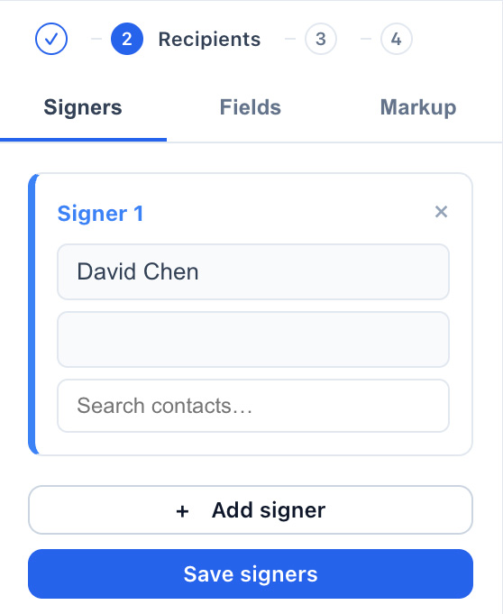 Vukorix E-Sign recipients panel with a signer added and per-signer verification options