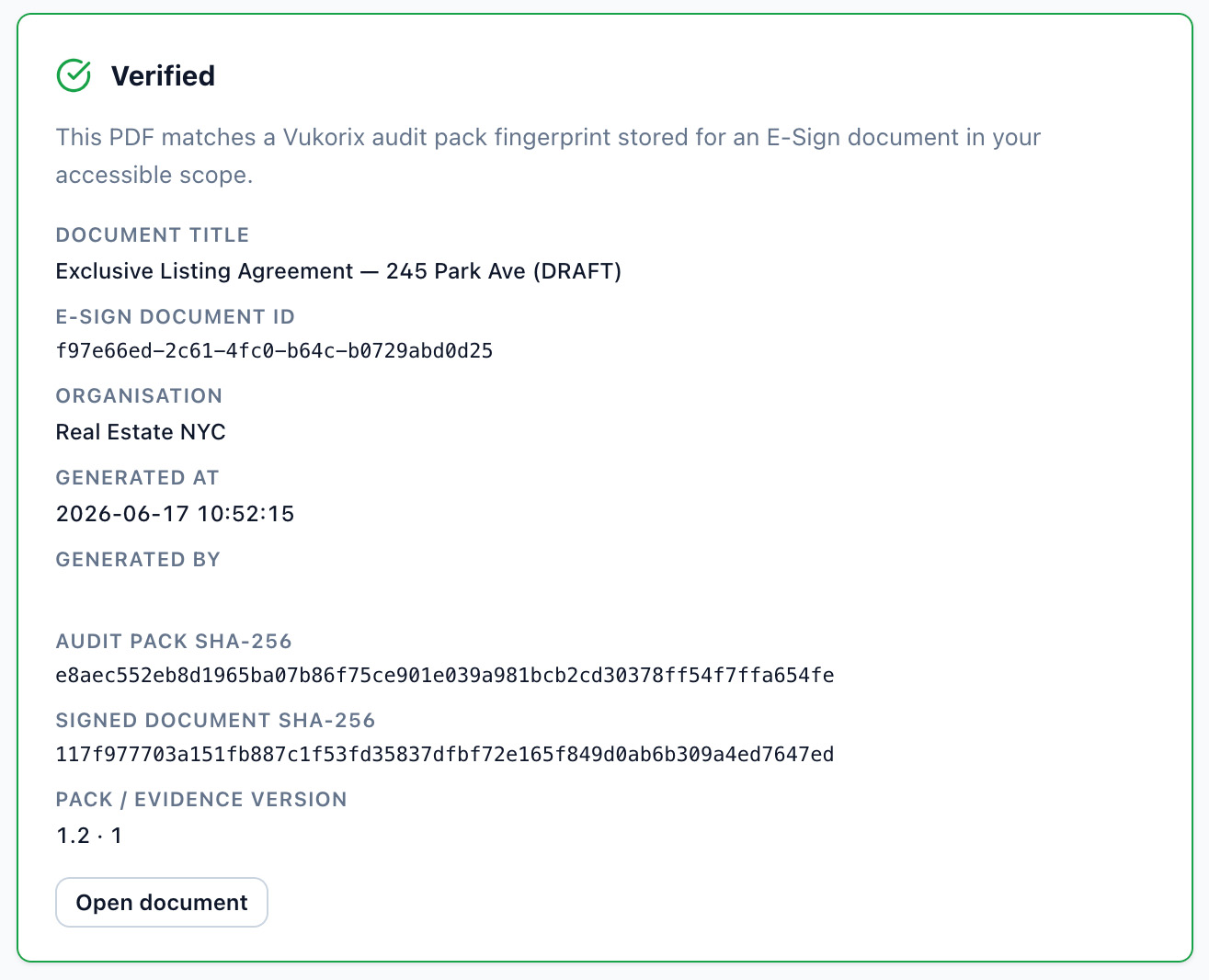 Vukorix verified result confirming the document, organisation and matching SHA-256 fingerprint