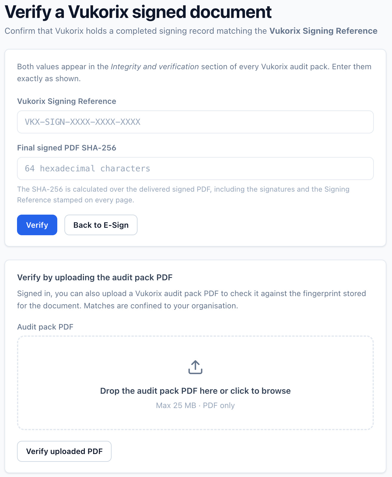 Vukorix verification screen where a signed PDF is checked against its signing reference and audit record