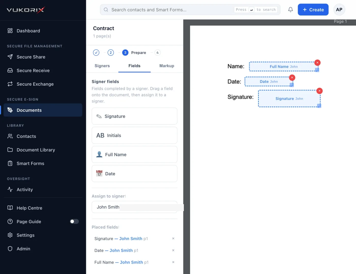 Vukorix E-Sign editor with signature, date, and name fields placed on a contract